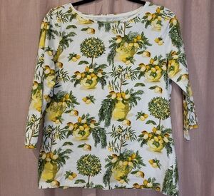 Talbots Lemon Print Long Sleeve Top - White & Yellow